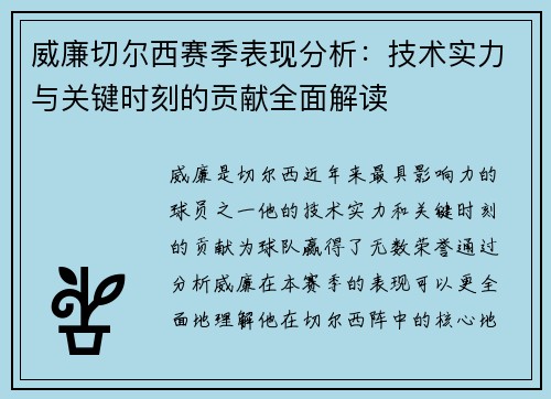威廉切尔西赛季表现分析：技术实力与关键时刻的贡献全面解读