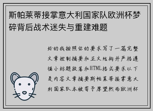 斯帕莱蒂接掌意大利国家队欧洲杯梦碎背后战术迷失与重建难题