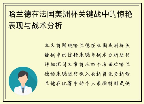 哈兰德在法国美洲杯关键战中的惊艳表现与战术分析