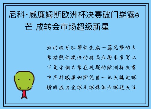 尼科·威廉姆斯欧洲杯决赛破门崭露锋芒 成转会市场超级新星 尼科·威廉姆斯欧洲杯决赛破门崭露锋芒 成转会市场超级新星